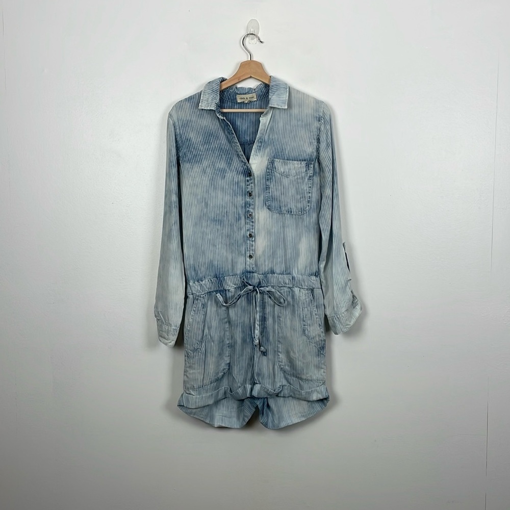 Cloth & Stone Womens S Long Sleeve Striped Romper Button Down Drawstring Waist